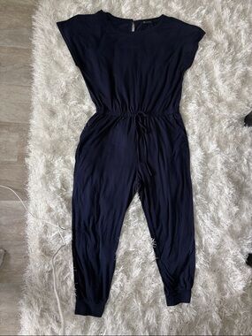 Casual Navy Drawstring Jumpsuit with Elastic Cuffs
